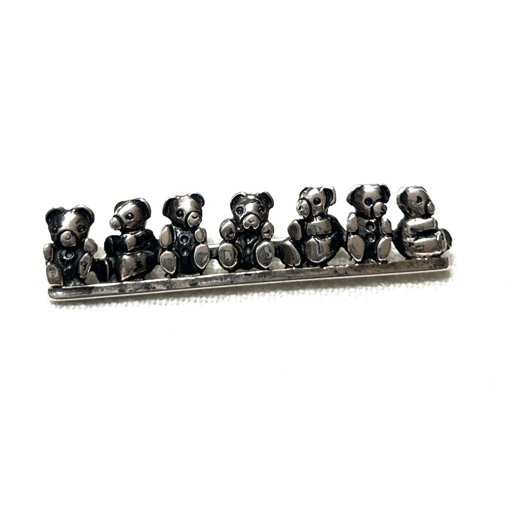 Vintage Sterling Silver 7 Bear Bar Brooch Pin Figural Family Marked @MC